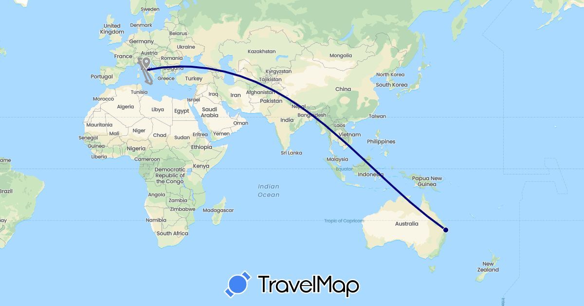 TravelMap itinerary: driving, plane in Australia, Italy (Europe, Oceania)
